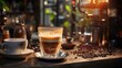 a coffee machine in a cozy atmosphere pours coffee into a cup in a warm light. The concept of home comfort, breakfast and good morning
