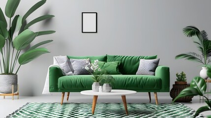 Sticker - Green sofa and decor in living room on transparent background.3d rendering