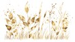 Minimalist style of hand drawn plants. Vector plants and grasses in gold style with gloss effects and and gold paint splatters. With leaves and organic shapes.
