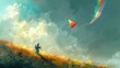 Whimsical Monster's Joyous Kite Flight on a Breezy Hilltop with a Radiant Rainbow