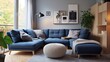 Interior of modern living room with blue sofa,