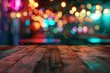 Empty wooden table in front of abstract blurred background of bokeh light. Can be used for display or montage your products. Mock up for display of product. High quality photo