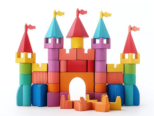 Colorful wooden blocks toy in the shape of castle isolated on white. Building tower game for toddler or preschool children