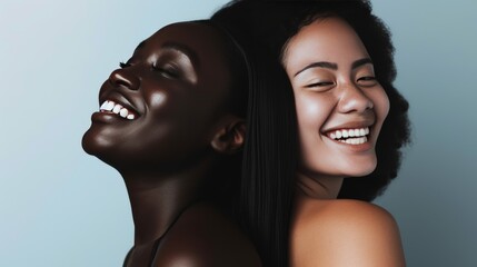 Minimalist Portrait of Diversity: A close-up portrait of two individuals of contrasting body types, focusing on their smiles, set against a simple, light-colored background to highlight the beauty in