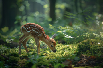 Wall Mural - Charming baby deer exploring a serene forest glade, their delicate hooves padding softly on the mossy ground as they graze on lush green foliage, captured with HD precision