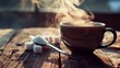 Morning Ritual with Sweet Coffee: A close-up of a steaming cup of coffee on a rustic wooden table, with sugar cubes piled neatly to the side and a spoonful of sugar being sprinkled into the cup. The