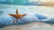 tropical sandy beach, ocean waves, and a lone starfish. Ai Generated