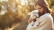 Jesus Christ holding a little lamb of Easter holiday concept