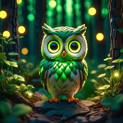 picture of chibi green eye owl follow in group with glowing nature epic nature night light on glowing nature of life