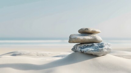 Wall Mural - Minimalist, abstract background, A stack of rocks precariously balanced on top of a sandy beach, minimalist composition against the backdrop of the ocean