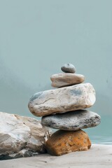 Wall Mural - Minimalist, abstract background, A stack of rocks balances on top of a sandy beach, serene and calm atmosphere