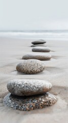 Wall Mural - Minimalist, abstract background, A line of rocks neatly arranged on top of a sandy beach, calm and peace, mindfulness