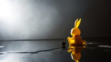 Child's Toy Yellow Rabbit In A Puddle, Illuminated By A Bright White Light: A Medium Shot Of A Simple, Worn Toy Lying In A Puddle, Illuminated By A Stark, Bright White Light Against A Grey Background