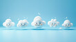Five anthropomorphic cloud cartoons with various expressions floating against a soft blue background, projecting cheerfulness and playfulness.