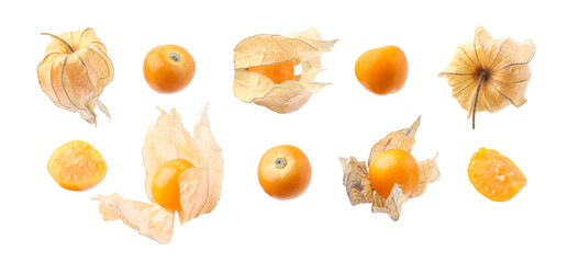 Wall Mural - Ripe orange physalis fruits isolated on white, set