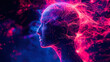 Digital art of a human profile with neon brain synapses symbolizing futuristic AI or advanced cognitive processes.