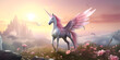 A unicorn with a purple mane and wings is standing in a beautiful magic forest landscape background and wallpaper White unicorn flying in space with rainbows and clouds in the sky in the style of real