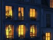 Realistic night view of paris street with dark blue and yellow windows in the background