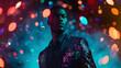 A handsome black man poses on a stage the vibrant lights creating a hypnotizing kaleidoscope effect on his sleek black suit and sparkling sequins. His poised stance and intense gaze .