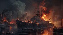 Burning Naval Vessel In The Port