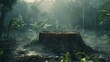 Serene Forest Stump in Misty Jungle Landscape Highlighting Environmental Implications of Deforestation