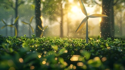 Wall Mural - Renewable Energy Powering a Sustainable Future Innovative Wind Turbine in Lush Natural Setting Cinematic Photographic Style with Hyper Details and