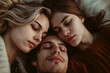 © Duckai - Polyamorous relationship between two women and one man, depicting a harmonious blend of male and female affection in a polyamory dynamic
