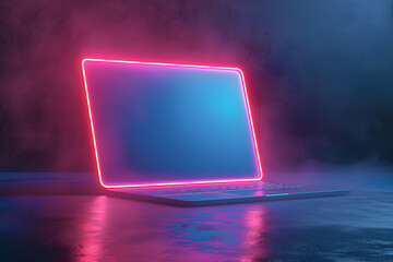 Wall Mural - a laptop with a neon blue screen is lit up in a dark room. the laptop is surrounded by a blue and pu