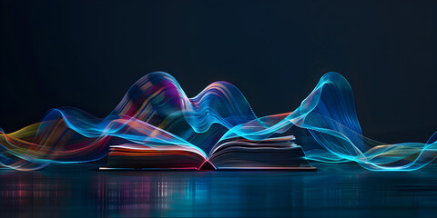 Wall Mural - A book is open on a table with a blue background. The blue and red swirls are moving and seem to be creating a sense of motion
