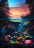 Fototapeta Sypialnia - Lively underwater scene featuring colorful fish and vibrant aquatic plants. Colorful fish swimming among vibrant underwater plants in a lively aquatic scene.