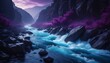 Neon dark blue and purple colors, a river with rushed, powerful, forceful water, breaking rocks and gushing down