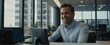 © Tamii - Happy Male Sales Manager Typing On Desktop Computer In Diverse Corporate Office With Megapolis Window View, Proffesional Caucasian Man Smiling After Closing Big Advertising Deal