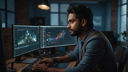 Indian Male Game Designer Using Desktop Computer With 3D modelling Software To Design Characters And World For Immersive Adventure Video Game, Man Working In Game Development Company