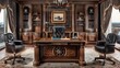 A refined wooden executive desk with intricate detailing and leather-inlay top, a set of executive chairs, rich wealthy maximum comfort luxury director room.