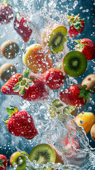 Wall Mural - A fruit salad is splashing in the air, with strawberries, kiwis, and oranges