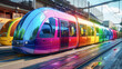 A colorful train with rainbow colors is on the tracks. The train is surrounded by other trains, and the scene is set in a city. Scene is vibrant and lively
