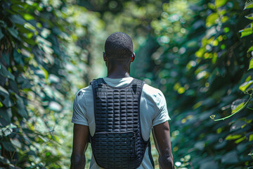 Poster - A man wearing a backpack is walking through a forest. The backpack is black and has a military design. The man is wearing a white shirt and he is focused on his surroundings. The forest is lush