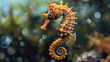 An illustration of a beautiful orange and yellow seahorse swimming in the ocean.