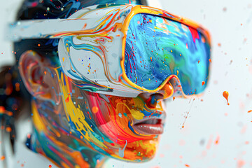 Sticker - A woman with colorful paint on her face is wearing a virtual reality headset. The painting on her face is vibrant and colorful, giving the impression of a fun and playful atmosphere