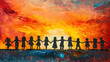 Oil painting silhouette of children holding hand over golden sunset background