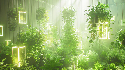 Sticker - A lush green forest with plants hanging from the ceiling. The plants are illuminated by neon lights, creating a vibrant and lively atmosphere. Concept of growth, renewal, and vitality