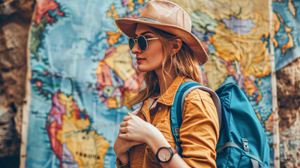 Poster - A woman wearing a straw hat and sunglasses is standing in front of a large world map. She is holding a backpack and a cup. Concept of adventure and wanderlust