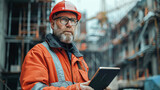 Fototapeta  - A man in a construction site wearing a red jacket and a hard hat is holding a tablet. He is focused on the tablet, possibly checking some information or instructions related to his work
