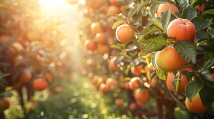 Sticker - A row of oranges hanging from a tree. The oranges are ripe and ready to be picked. The sunlight is shining on the tree, making the oranges look even more vibrant and inviting