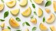 Freshly sliced honeydew melon pieces symmetrically arranged on white background surrounded by green leaves. Fruit freshness and healthy eating.