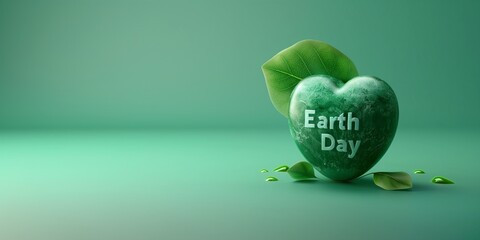 Minimal 3D render heart shaped written text Earth Day on the earth with leaf, green background, blender,3