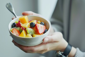 Wall Mural - Fresh fruit salad from raw pieces in a white bowl in the hands of a young woman, Generative AI