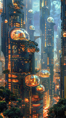 Poster - A futuristic cityscape with many buildings and a lot of glass. The buildings are lit up with orange lights, giving the city a warm and inviting atmosphere