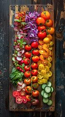 Sticker - A colorful assortment of vegetables including tomatoes, cucumbers, and radishes are arranged on a wooden board