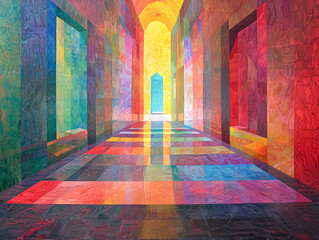 Poster - A colorful painting of a hallway with a door in the middle